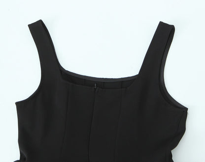 Women Solid Color Frill Strap Slim Fit Patchwork Casual Sling Dress