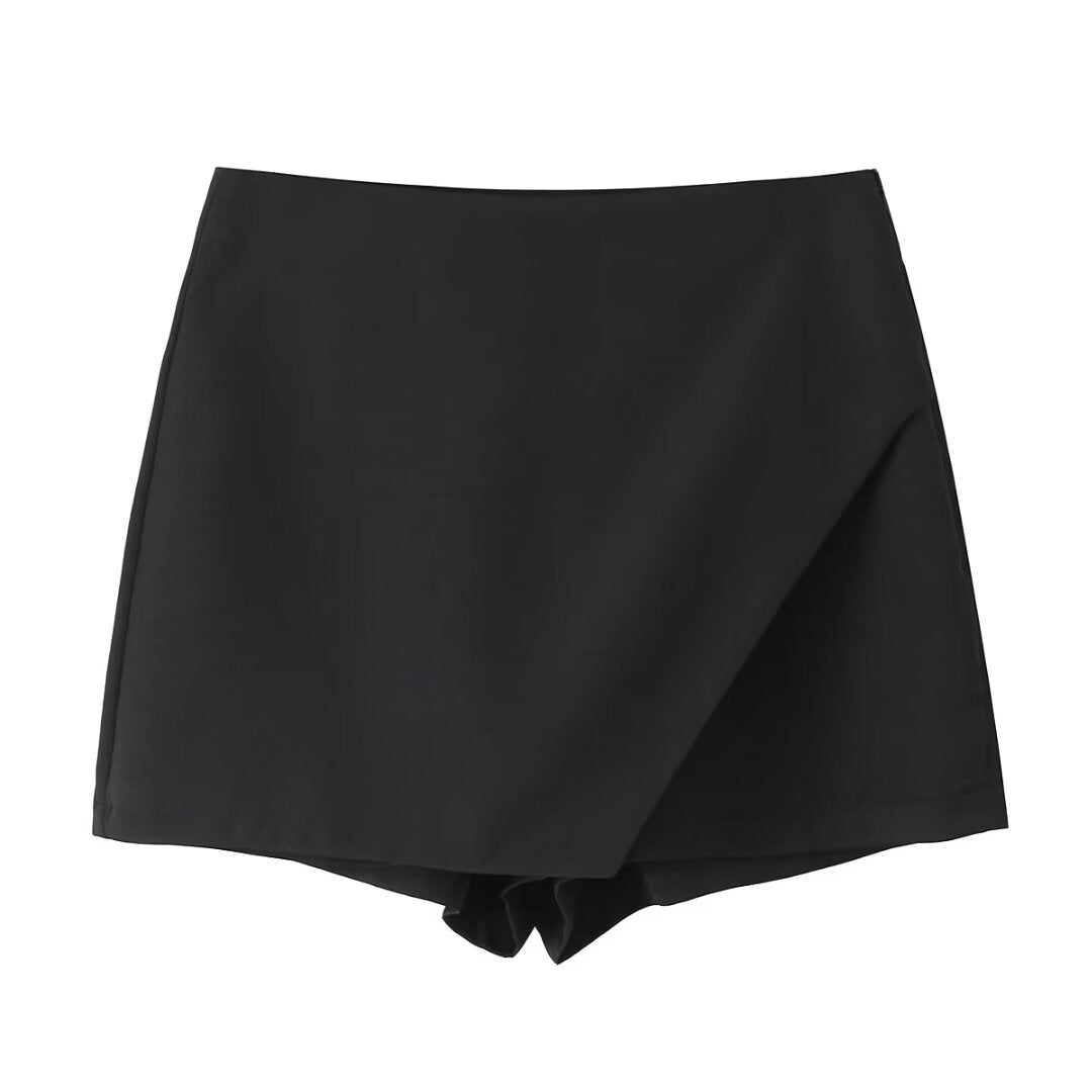 Women Clothing All Match Solid Color Asymmetric High Waist Casual Wide Leg Short Culottes