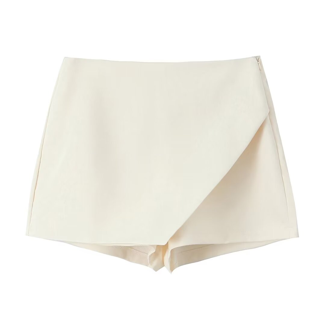 Women Clothing All Match Solid Color Asymmetric High Waist Casual Wide Leg Short Culottes