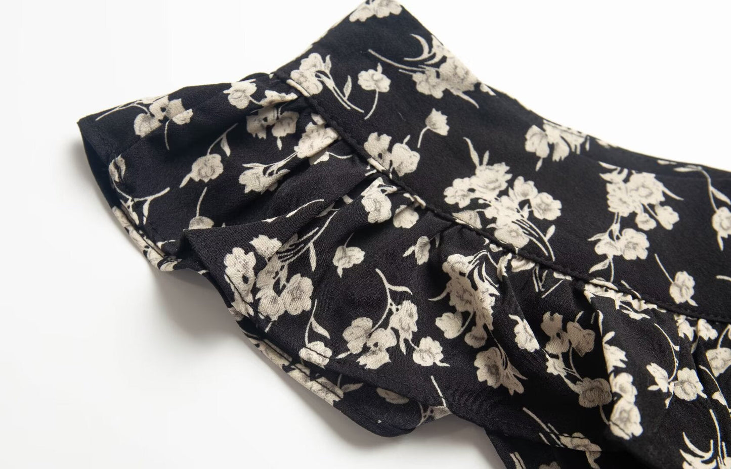 Floral Black Dress Women Spring Summer Mid Length Ruffled Dress