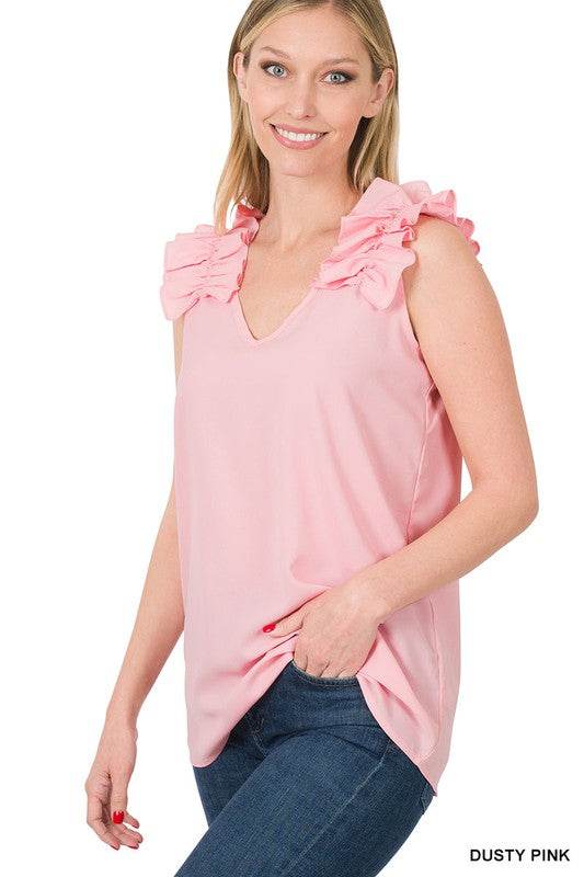 Woven Wool Dobby Ruffle Trim Sleeveless Top