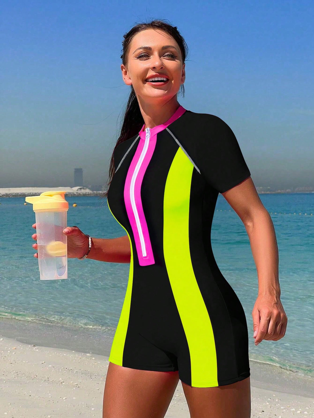 Bikinx Summer Beach Zipper Short Sleeve Surfing Contrast Neon Panel One-Piece Bathing