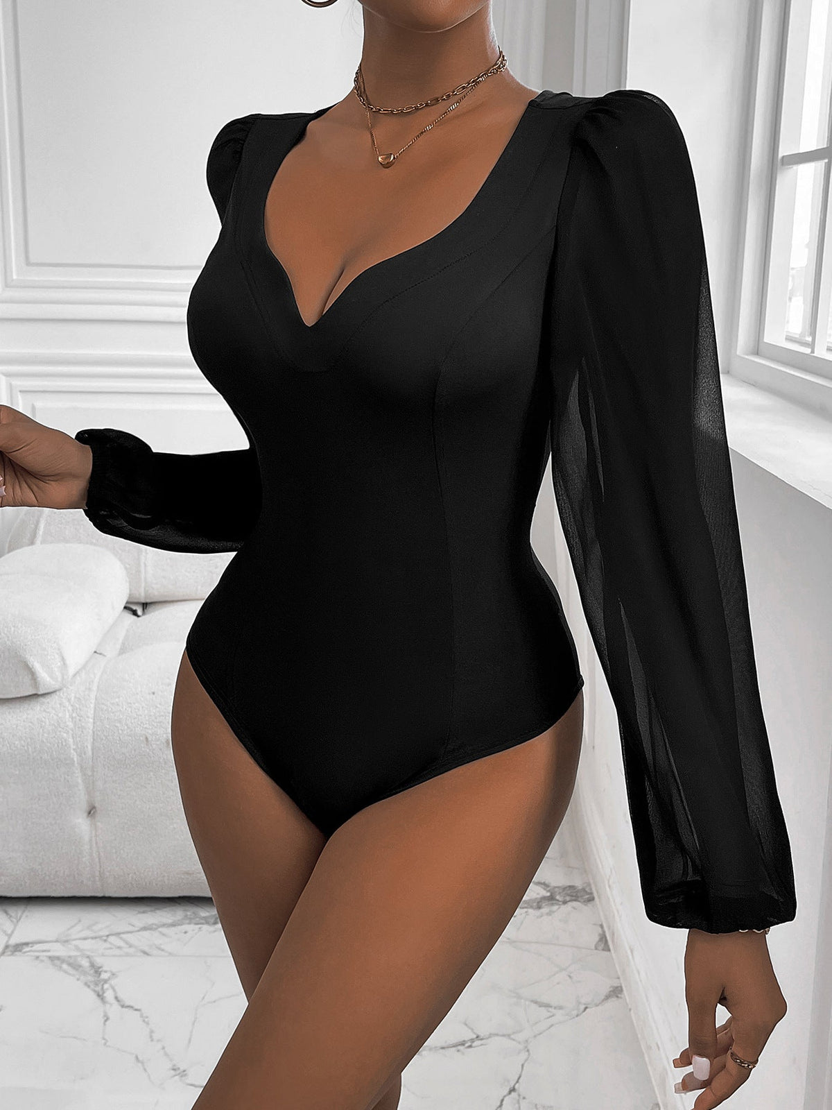 Women Clothing Black Mesh Stitching V neck Jumpsuit
