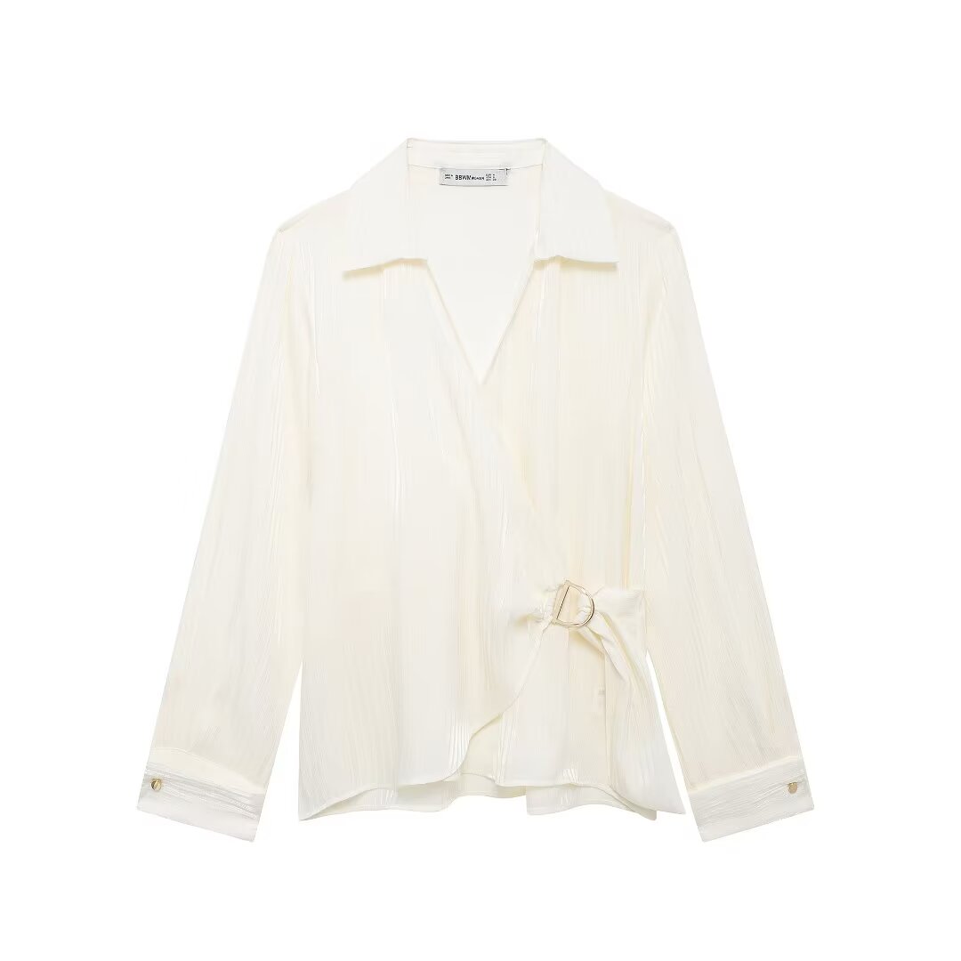 Summer Women Clothing Elegant Slightly Mature Bright Fabric Double Breasted Long Sleeve Shirt