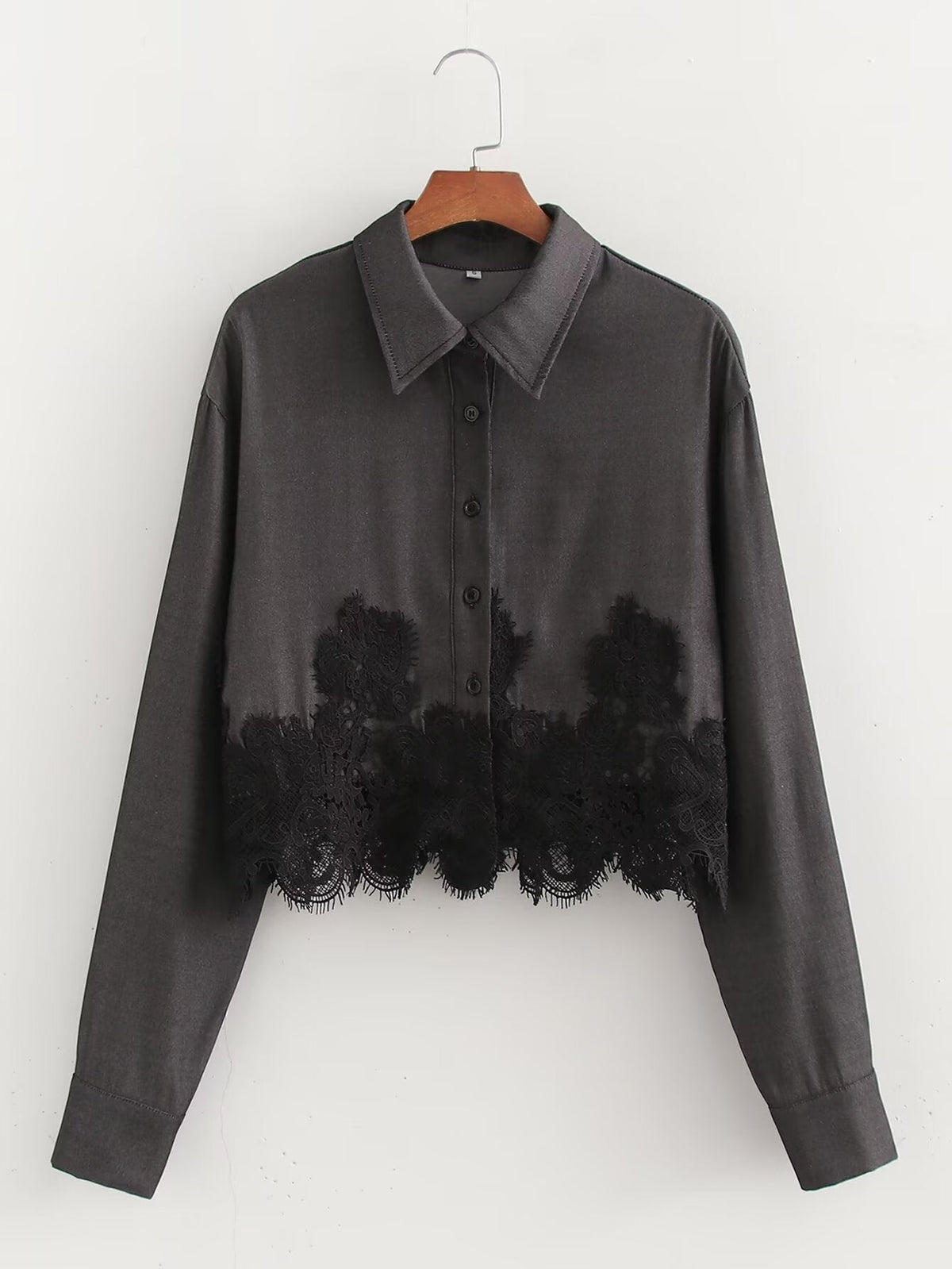 Fall Women Clothing Stylish Simple Imitation Denim Stitching Lace Long Sleeve Shirt