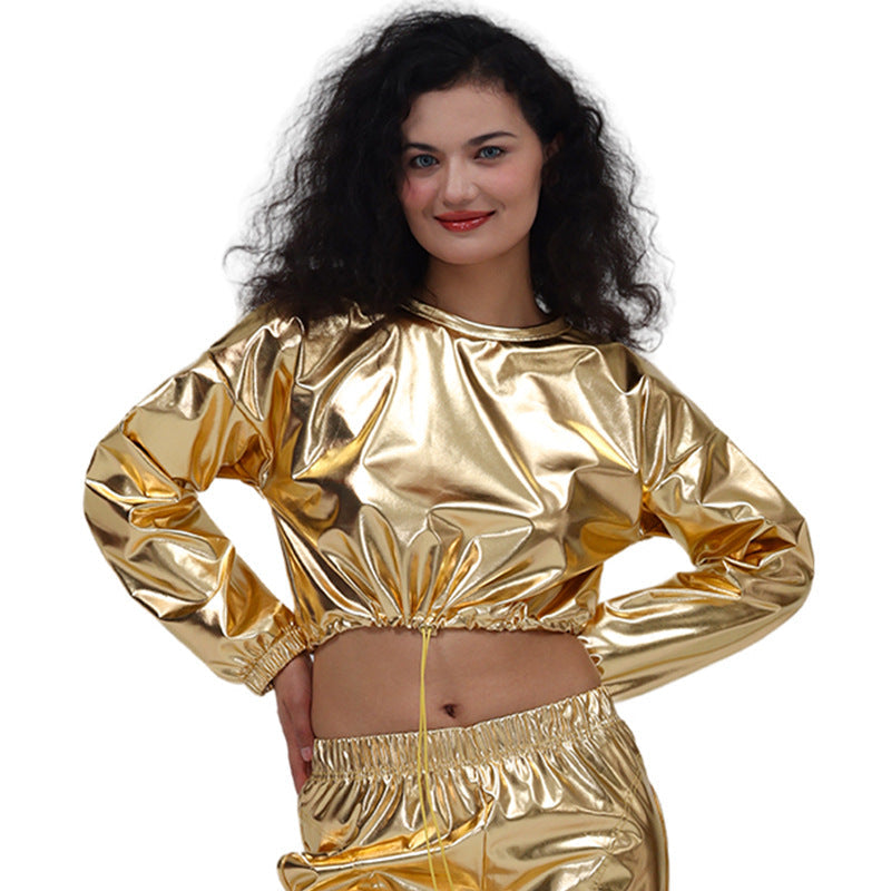 Bronzing Bright Leather Sexy Cropped Long Sleeve Hooded Pullover Short Drawstring Sweatshirt