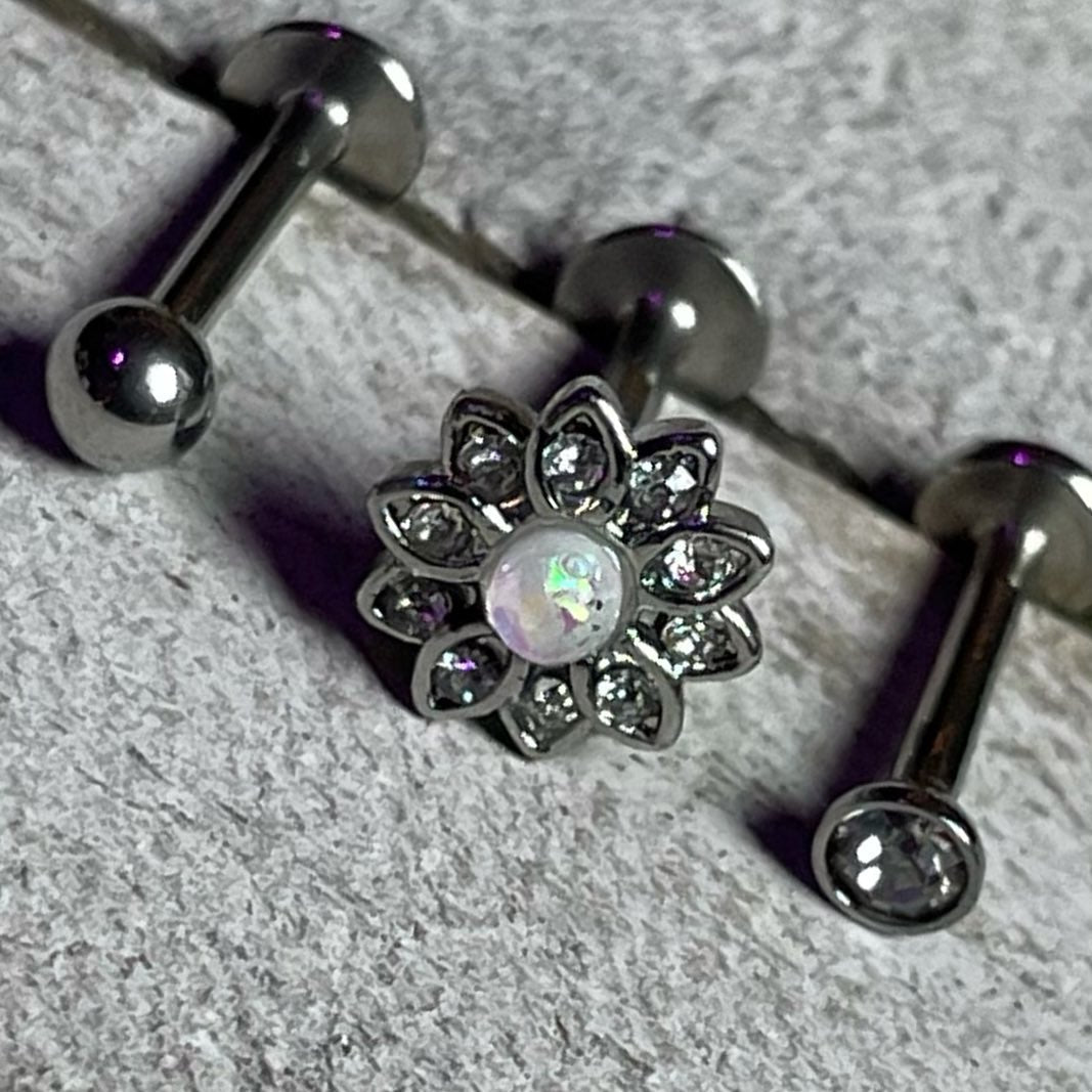 16G 5/16 White Faux Opal Flower Labret Set of 3