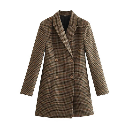 Fall Women Clothing Tailored Collar Brushed Houndstooth Long Sleeve Double Breasted Blazers