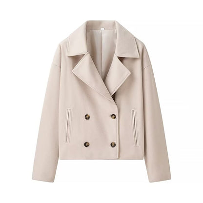 Women Clothing Autumn Winter Casual Collared Double Breasted Woolen Coat Top Women