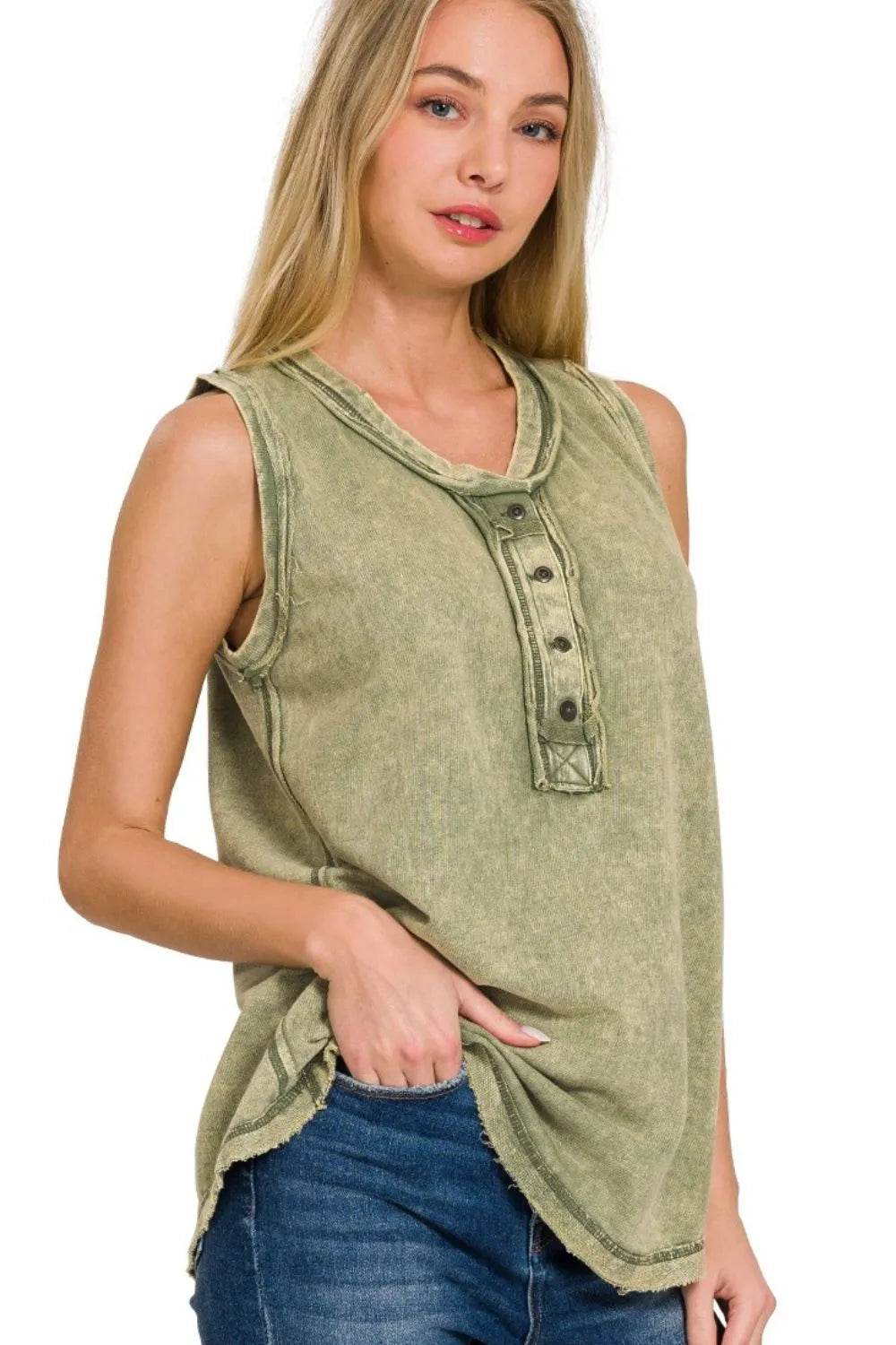 Zenana Washed Half-button Raw Edge Sleeveless Henley Top