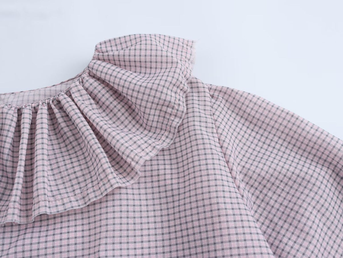 Women Clothing Autumn Design Small Plaid Laminated Decoration Straight Shirt