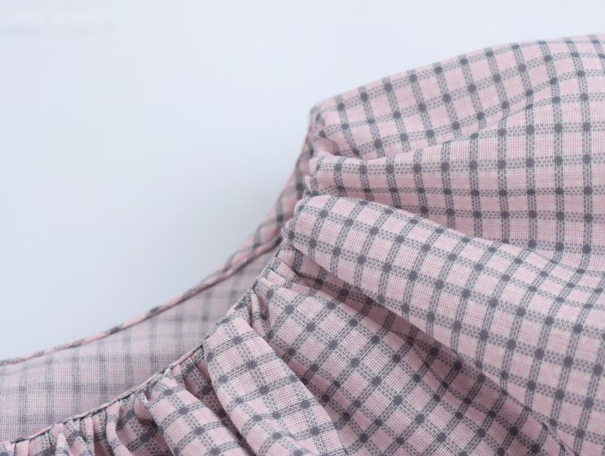 Women Clothing Autumn Design Small Plaid Laminated Decoration Straight Shirt