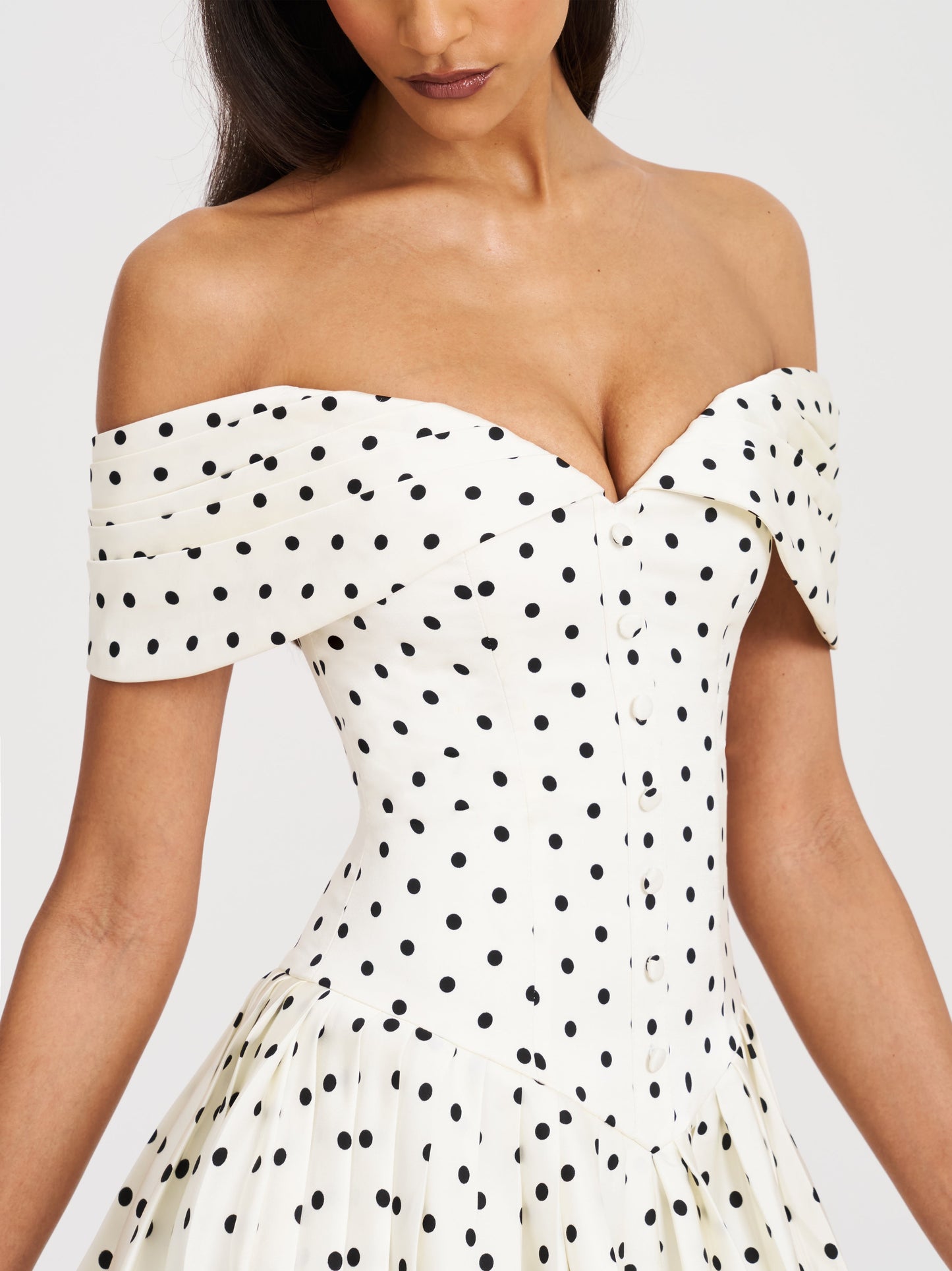 Edeline Polka Dot Off-shoulder Pleated Mini Dress