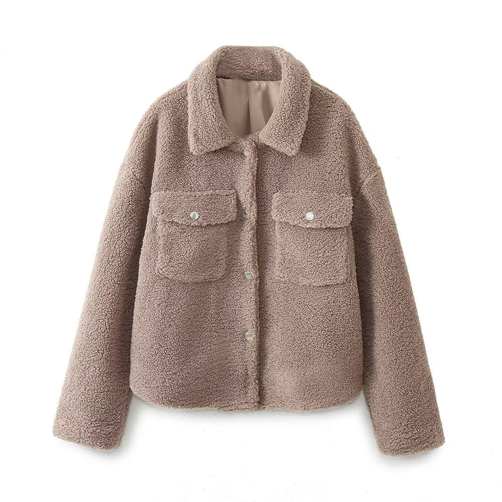 Women Fall Winter Solid Color Button Pocket Coat Jacket