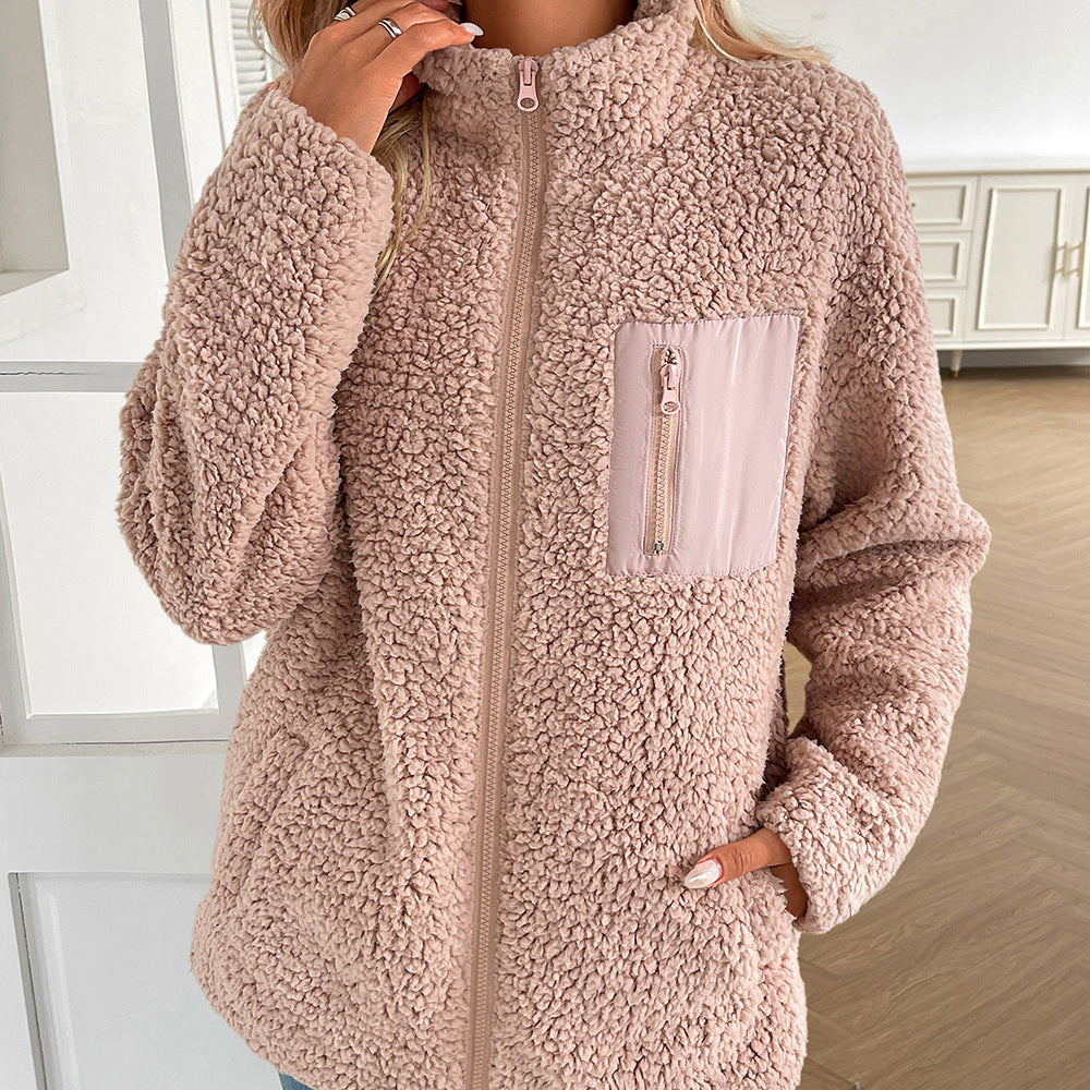 Women Clothing Autumn Winter Lamb Wool Berber Fleece Coat Women Loose Stitching Casual All Matching Jacket Coat