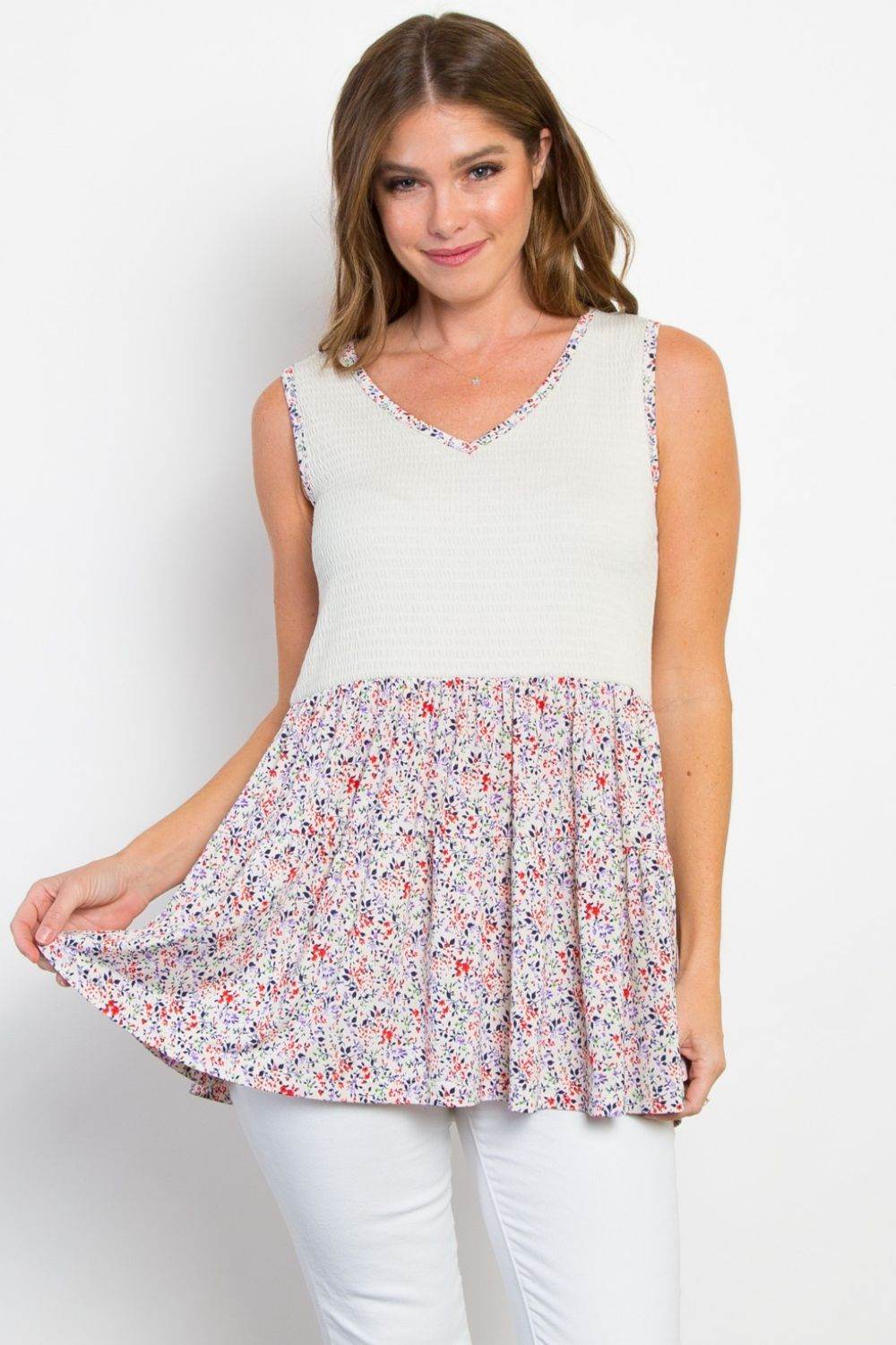 Be Stage Full Size Smocked Printed Peplum Sleeveless Top