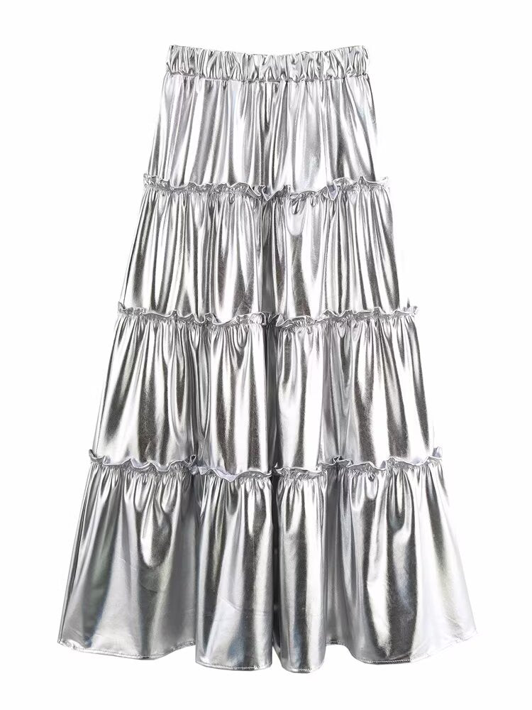Women Clothing French High Waist Slimming Bronzing Design Midi Skirt Casual All Matching