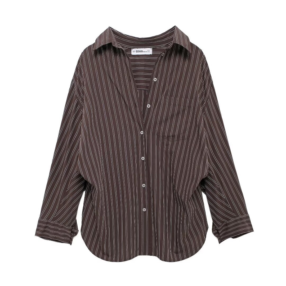 Autumn Women Casual Loose Batwing Sleeve Pocket Striped Shirt