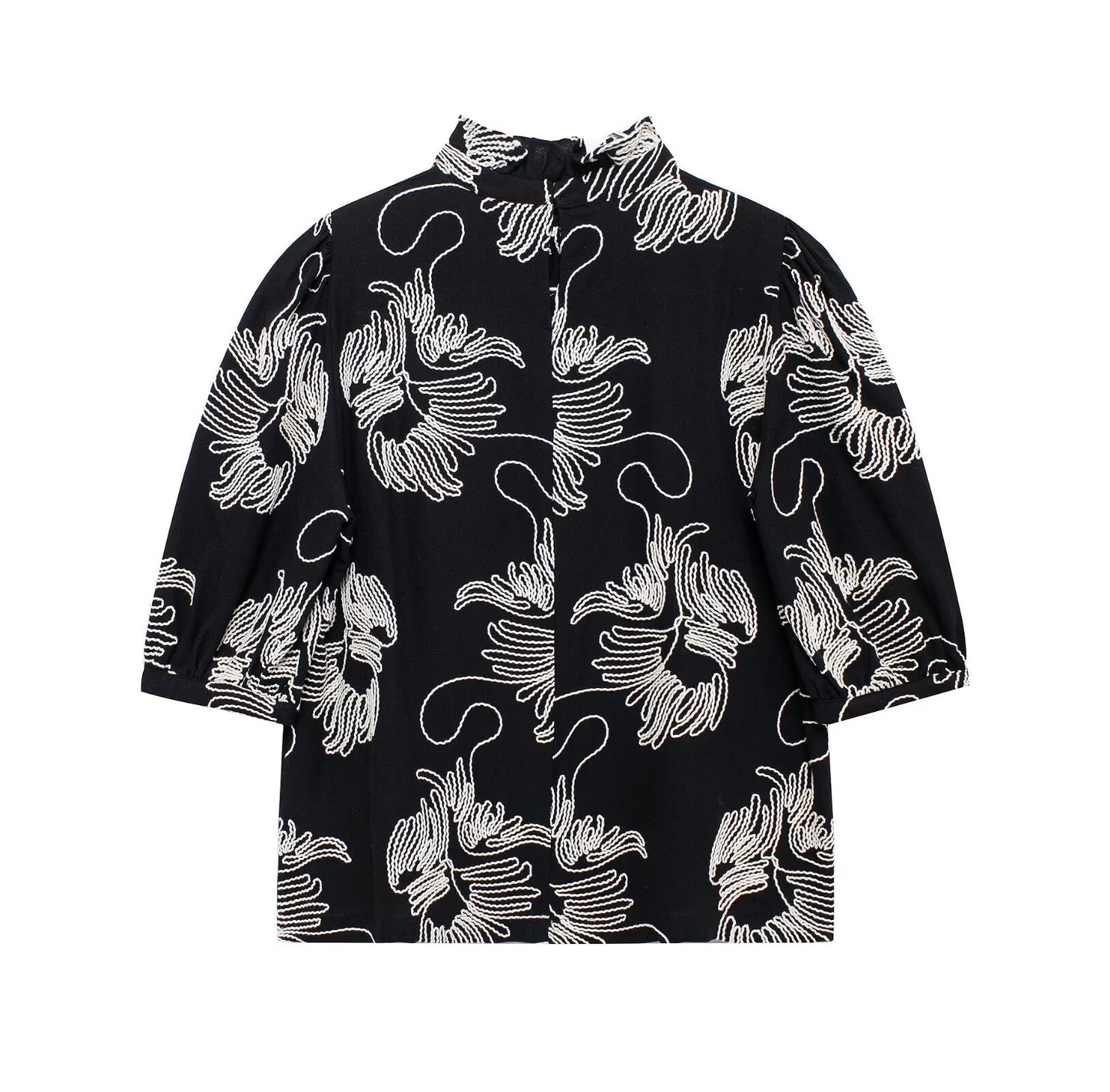 Contrast Color Embroidered Shirt Short Sleeve Elegant Office Printed Shirt Top