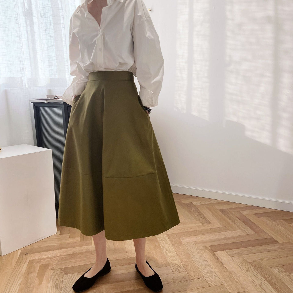 Profile Puffy A line Dress Women Spring Cotton Mid Length Skirt French High Waist Skirt 8007