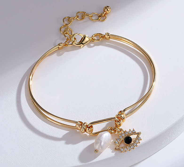 Metal Gold Plated Movable Adjustable Bracelet Pearl Diamond Embedded Devil Eye Embellished