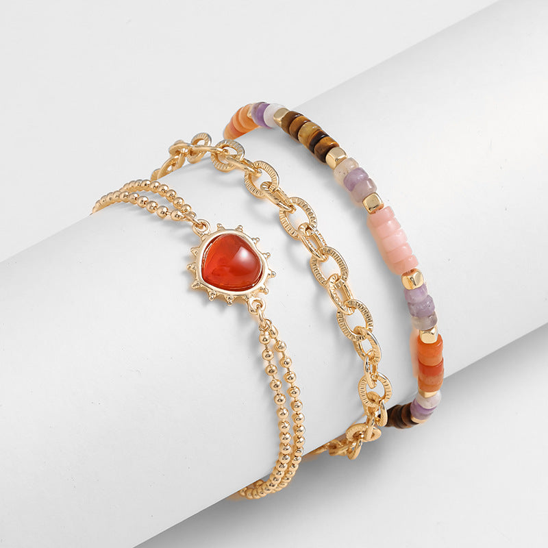 Original Elegant Heart Peach Semi Precious Stone Three Rows Twin Bracelet Necklace