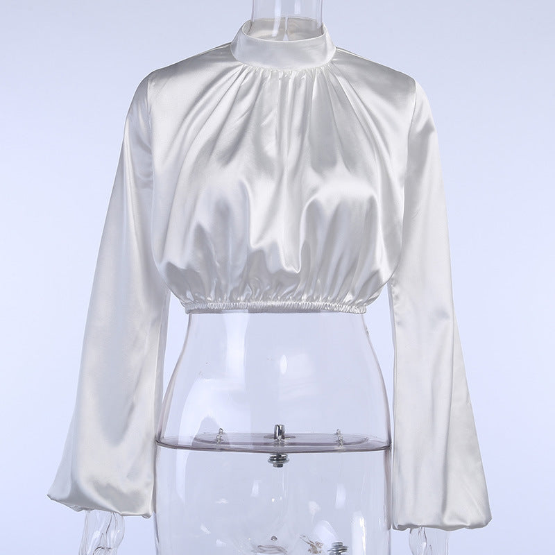Sexy Bottoming T-shirt Women Spring Loose Forged Surface Pleating Bishop Sleeves Top
