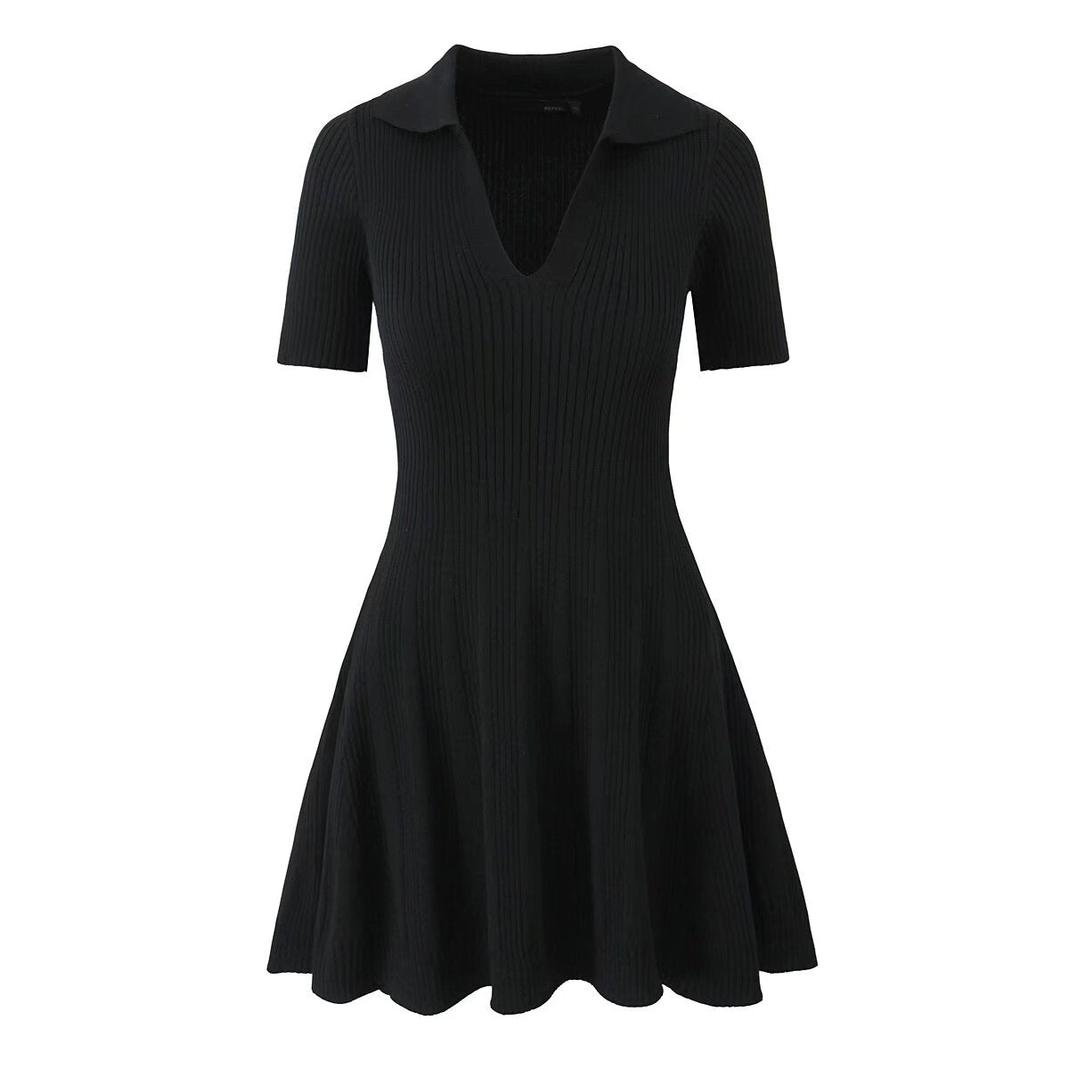 Spring Women Clothes Polo Collar Design Slim Fit Slimming Waist Trimming Knitted Short Sleeve Deep V Plunge neck Dress