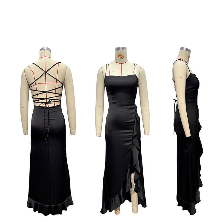 Summer Socialite Sexy Spaghetti Strap Ruffle Slit Formal Dress Women