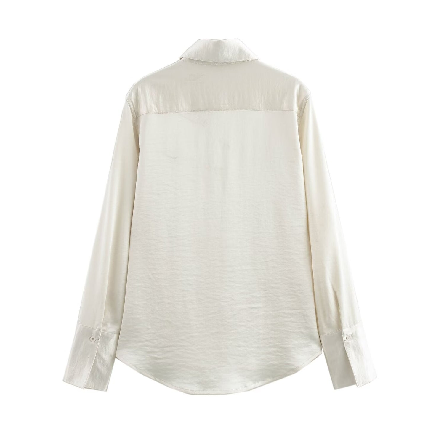 Women Solid Color Long Sleeve Pocket Silk Satin Texture Shirt