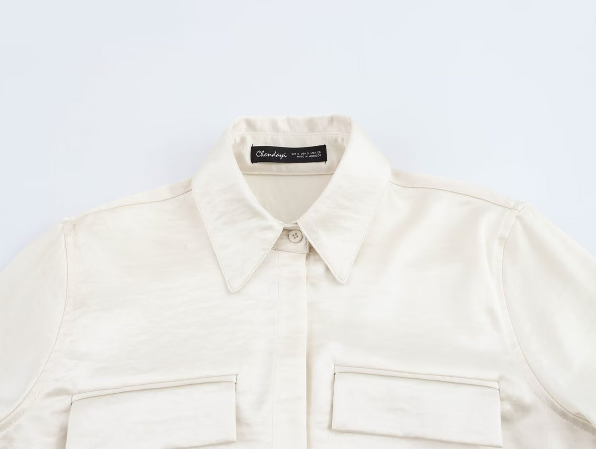 Women Solid Color Long Sleeve Pocket Silk Satin Texture Shirt