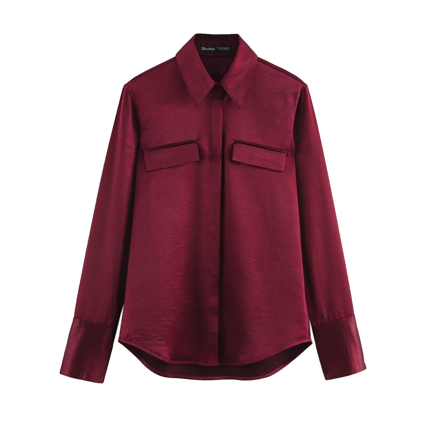 Women Solid Color Long Sleeve Pocket Silk Satin Texture Shirt