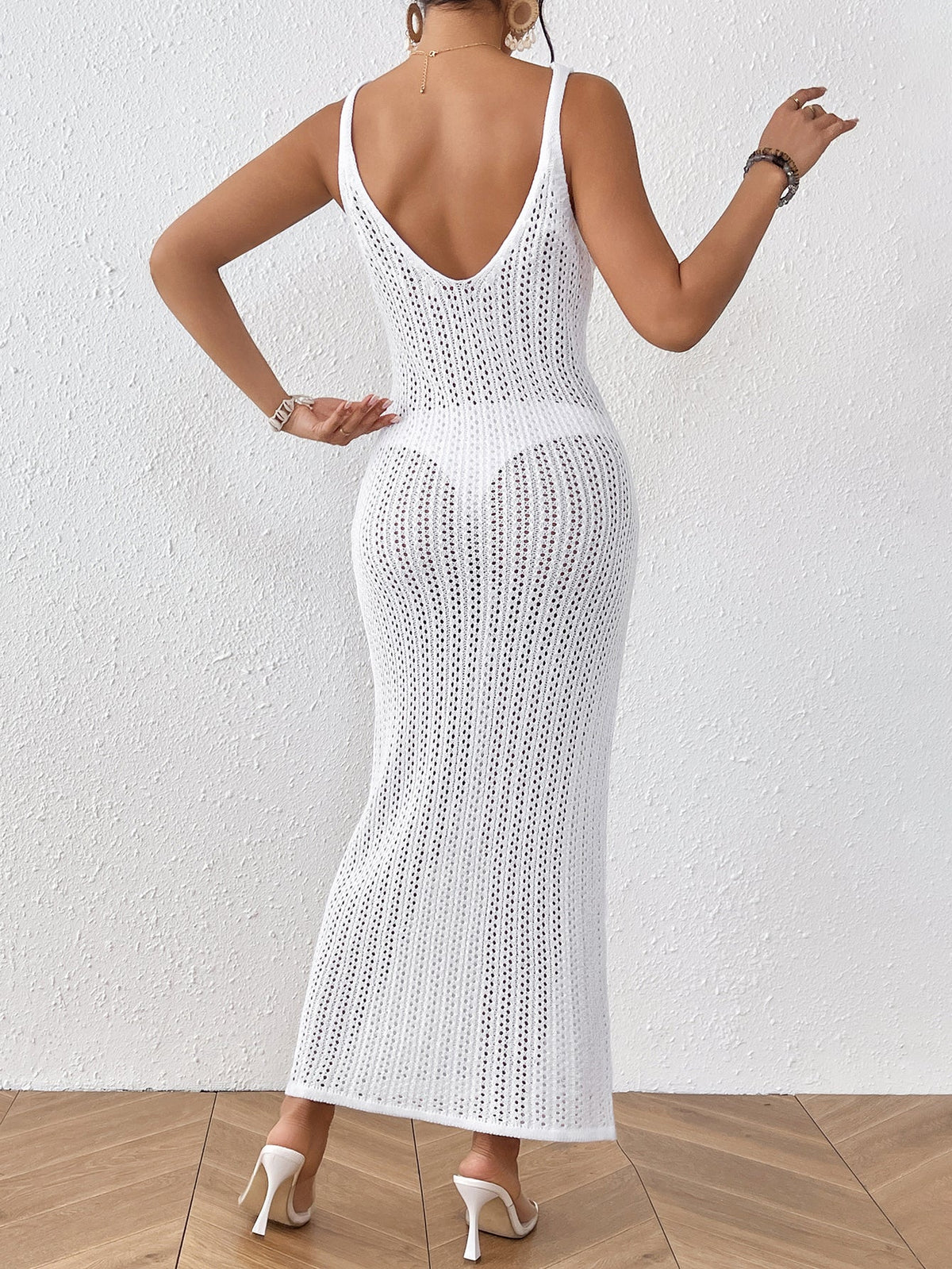 Beach Casual Solid Color Knitted Spaghetti Straps Knitted Blouse Outwear Dress Women