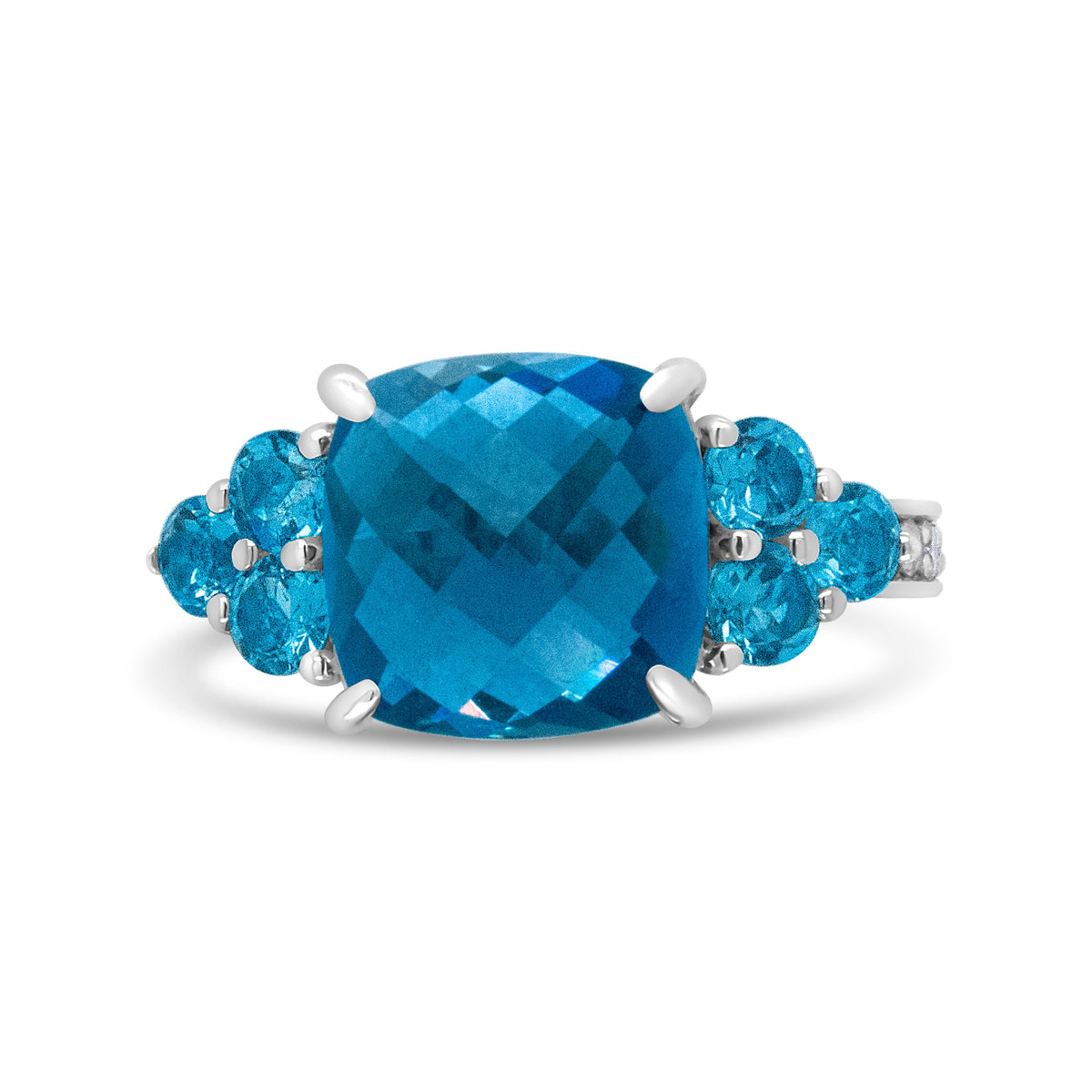 18K White Gold 10mm Cushion Shaped Blue Topaz and 1/6 Cttw Diamond 3 Stone Style Ring (F-G Color, VS1-VS2 Clarity) - Ring Size 6.5
