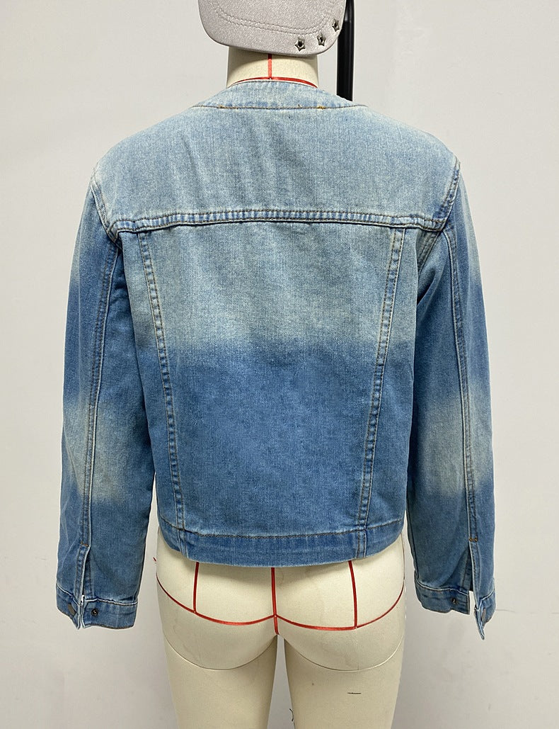 Spring Women Slim Fit Short Collarless Long Sleeve Denim Coat Retro Multi Pocket Workwear Jacket