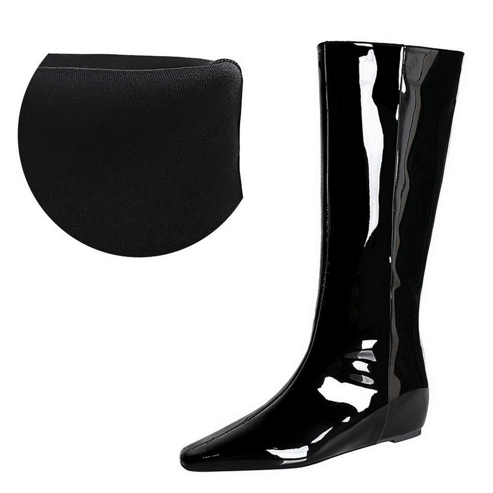 Wide Tube Women Boots Back Zipper Square Toe Middle Heel Wedge Height Increasing ole Shiny Patent Leather High Leg Boot