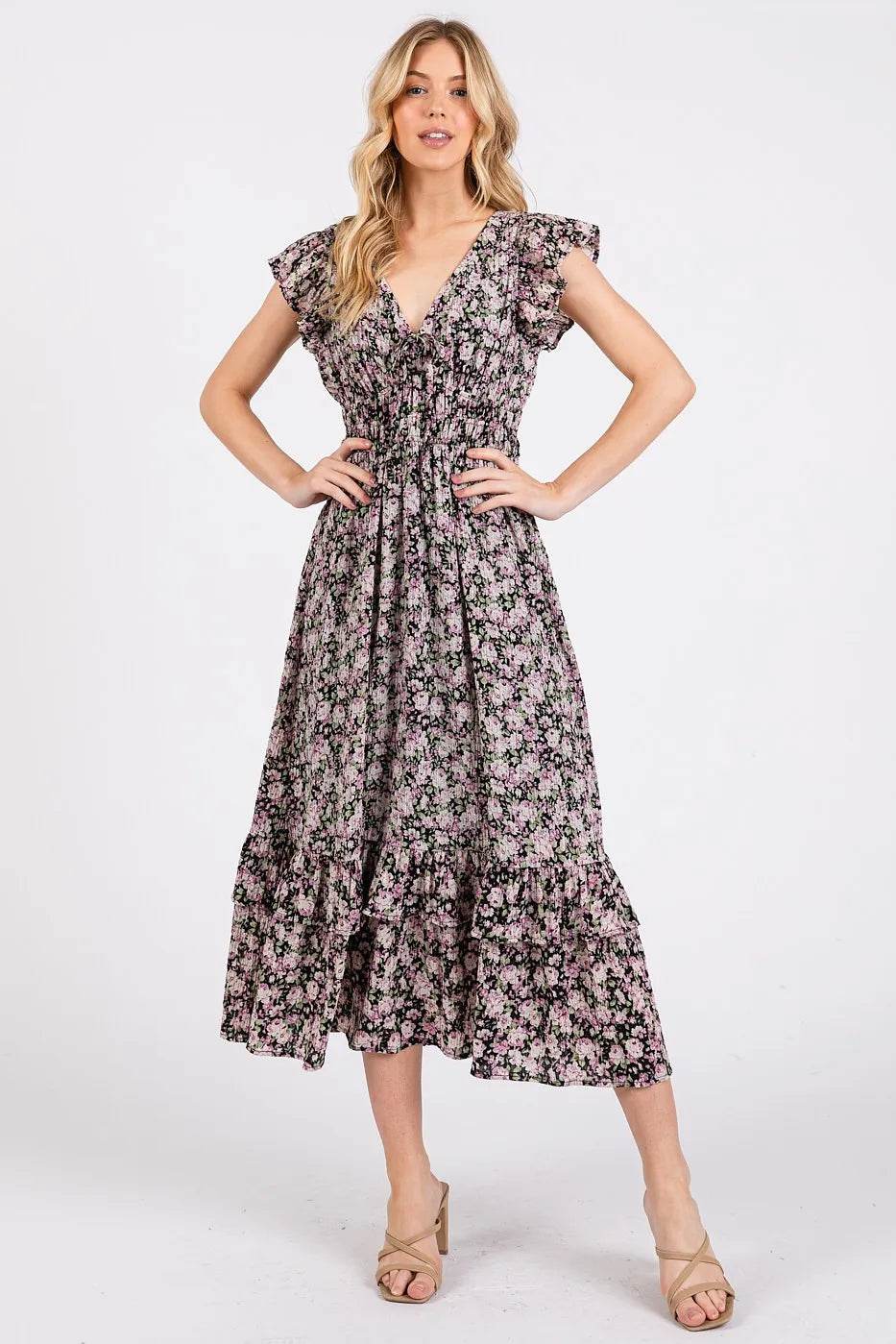 Mittoshop Flower Print Ruffle Cap Sleeve V-neck Midi Dress