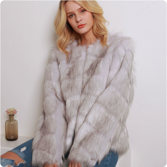 Short round Collarless Faux Fur Women Long Sleeved Coat
