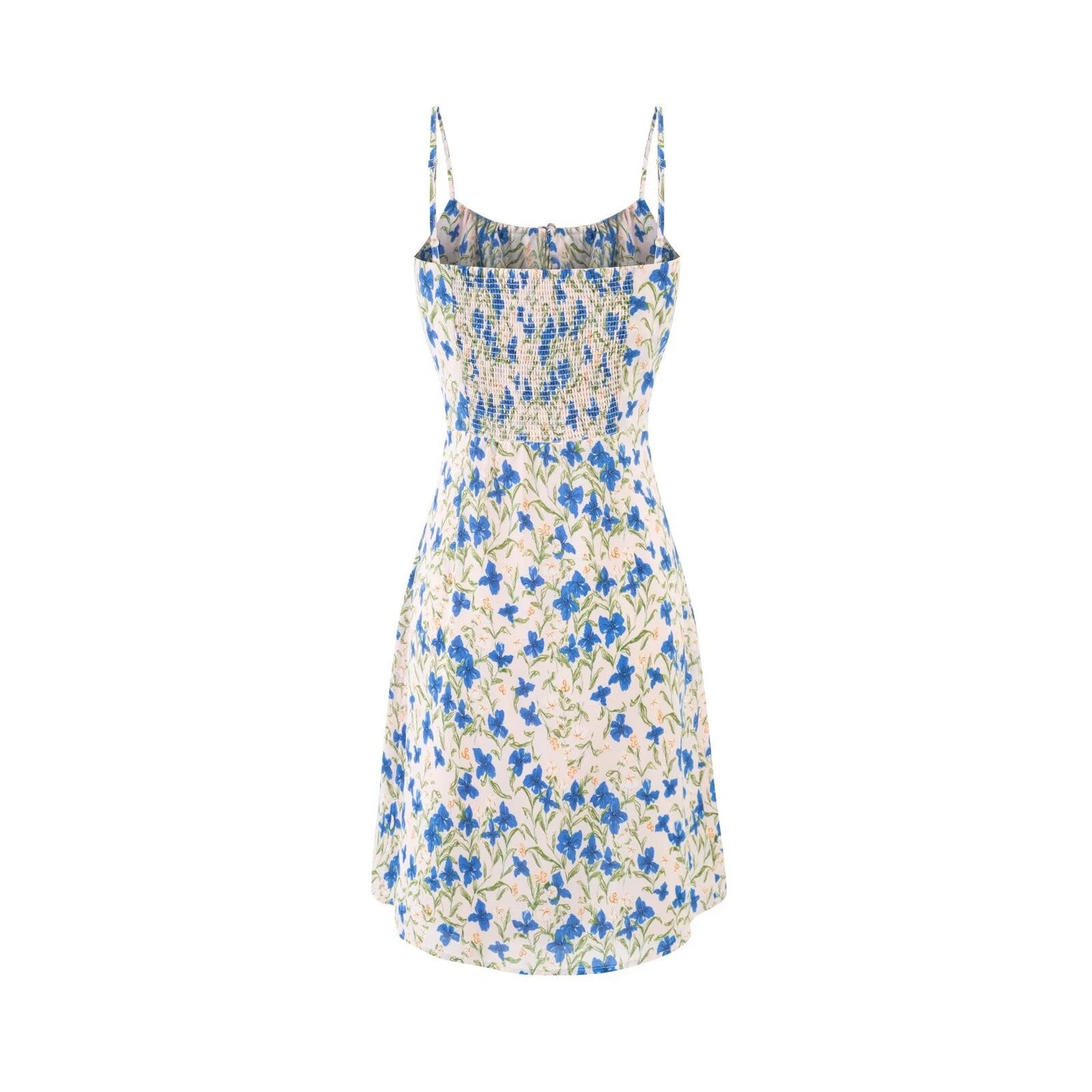 Spring Vacation Blue Butterfly Floral Tight Waist Suspender Sheath Dress