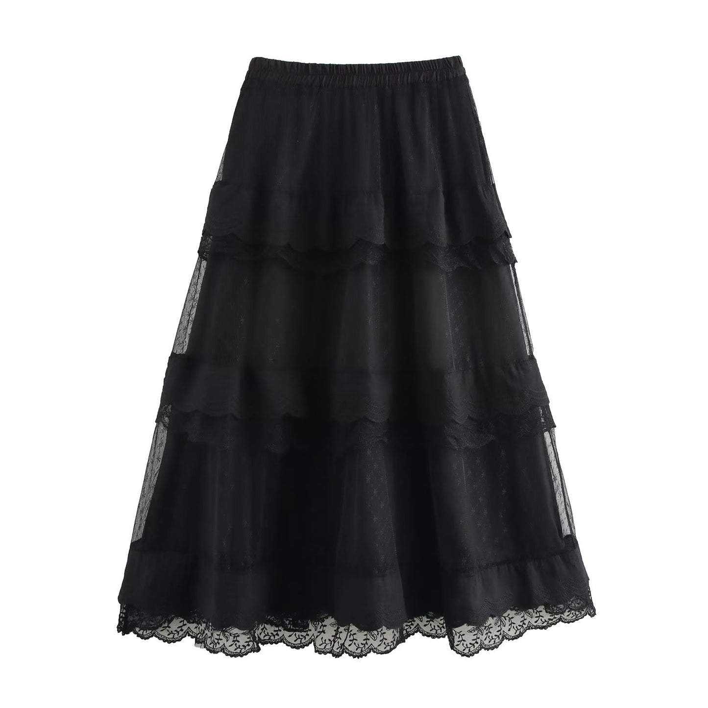 Tiered Dress Midi Skirt Spring Summer Sweet Mesh Puffy Women Clothing Swing Mid Length Dress