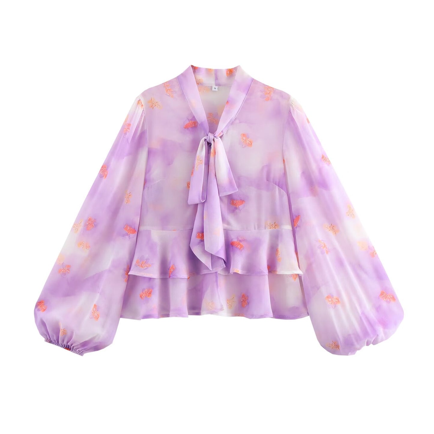 Spring Women Clothing Stylish Simple Casual Chiffon Lace up Laminated Shirt