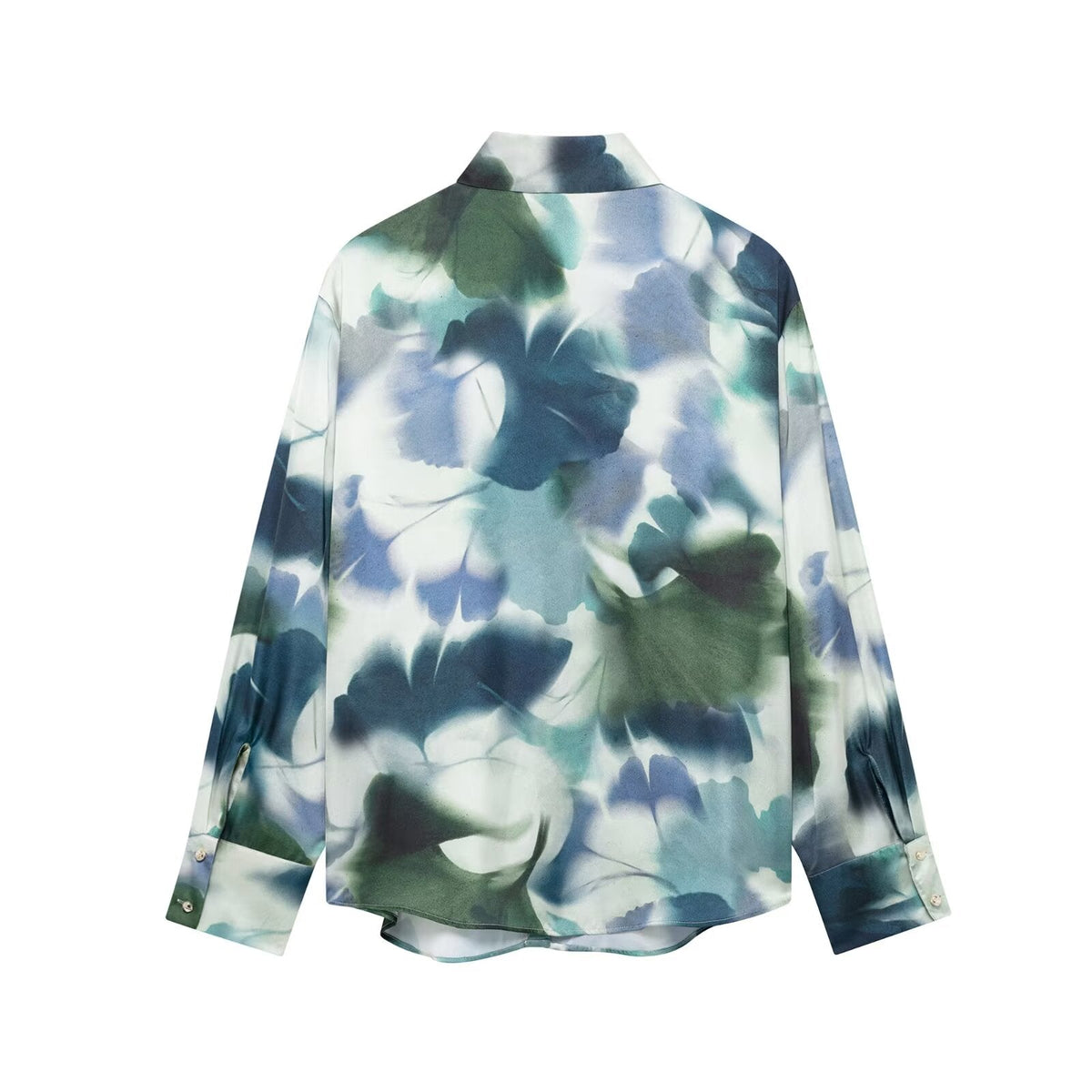 Spring Summer Women Clothing Office Printed Silk Satin Texture Collared Casual Shirt