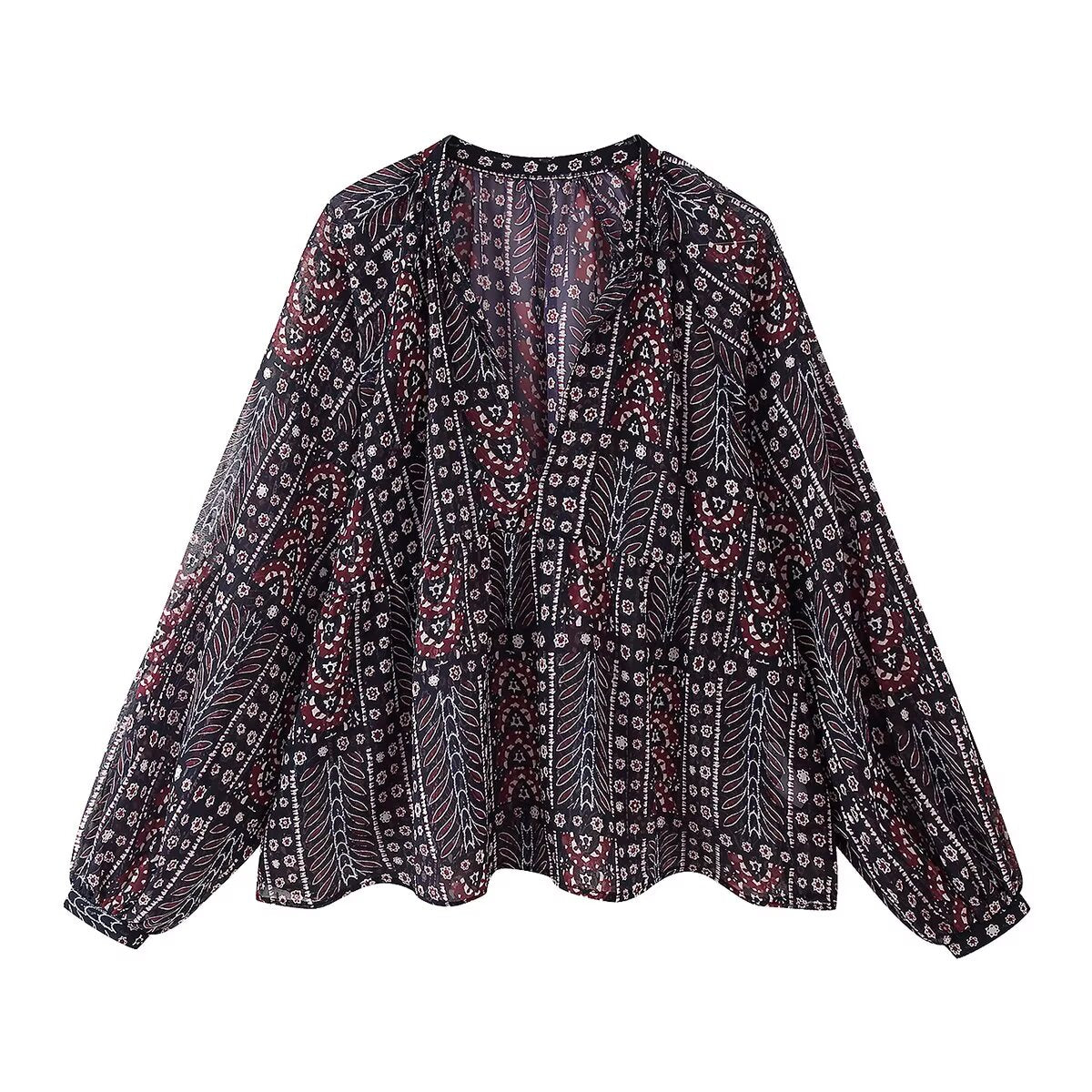 Spring Women Clothing Metal Color Line Printed Cover Long Sleeve Shirt