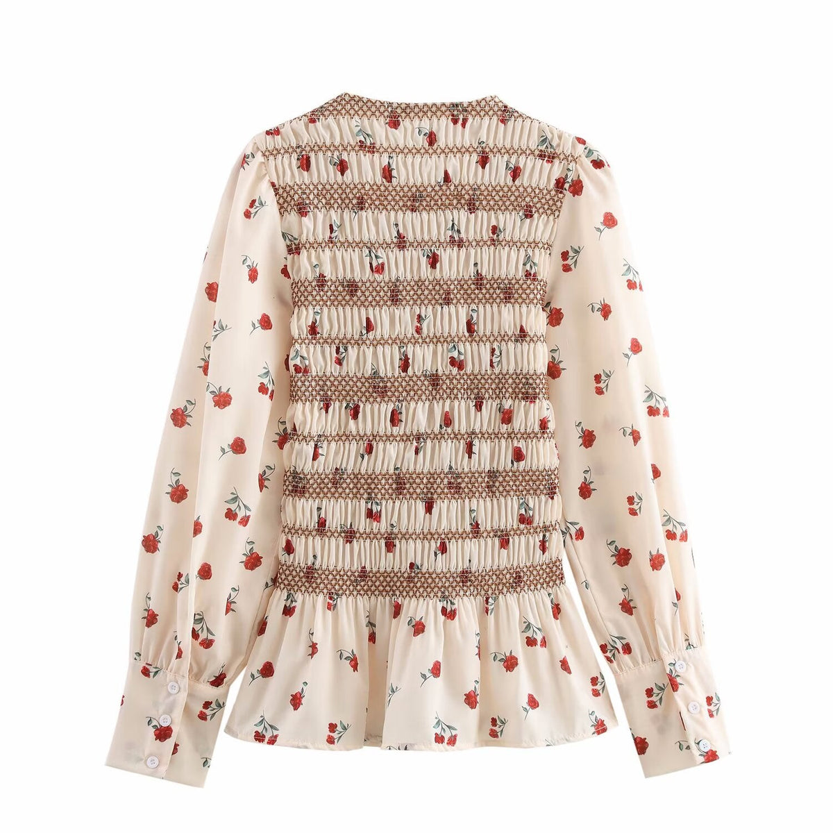 Retro Floral Print Long Sleeve round Neck Pleated Shirt Slim Fit Slimming