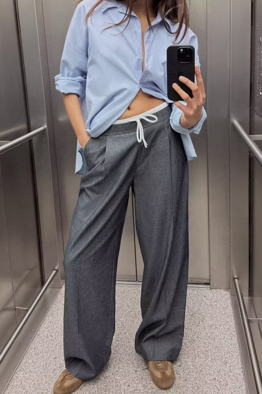 Spring Casual Double Layer Waist Wide Leg Pants