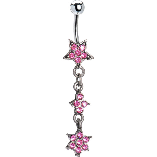Antique Silver Pink Gem Flourishing Star Dangle Belly Ring