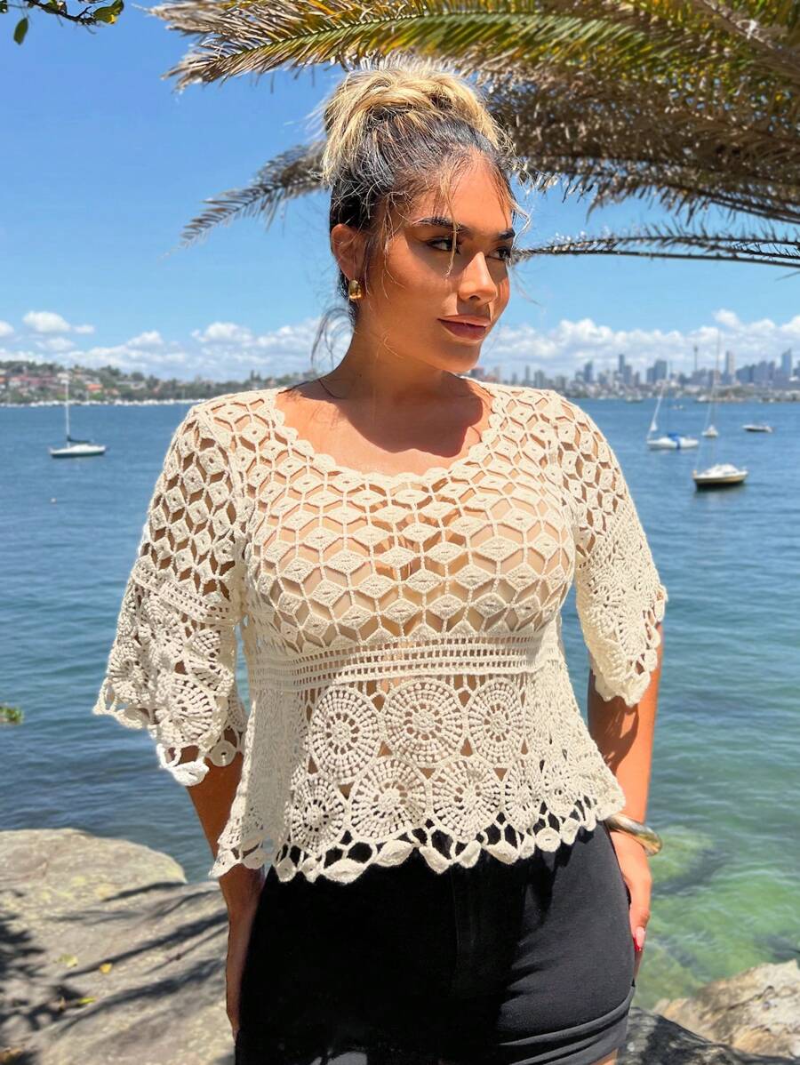Women Sun Protection Shirt Crochet Hollowed Out Top Cover