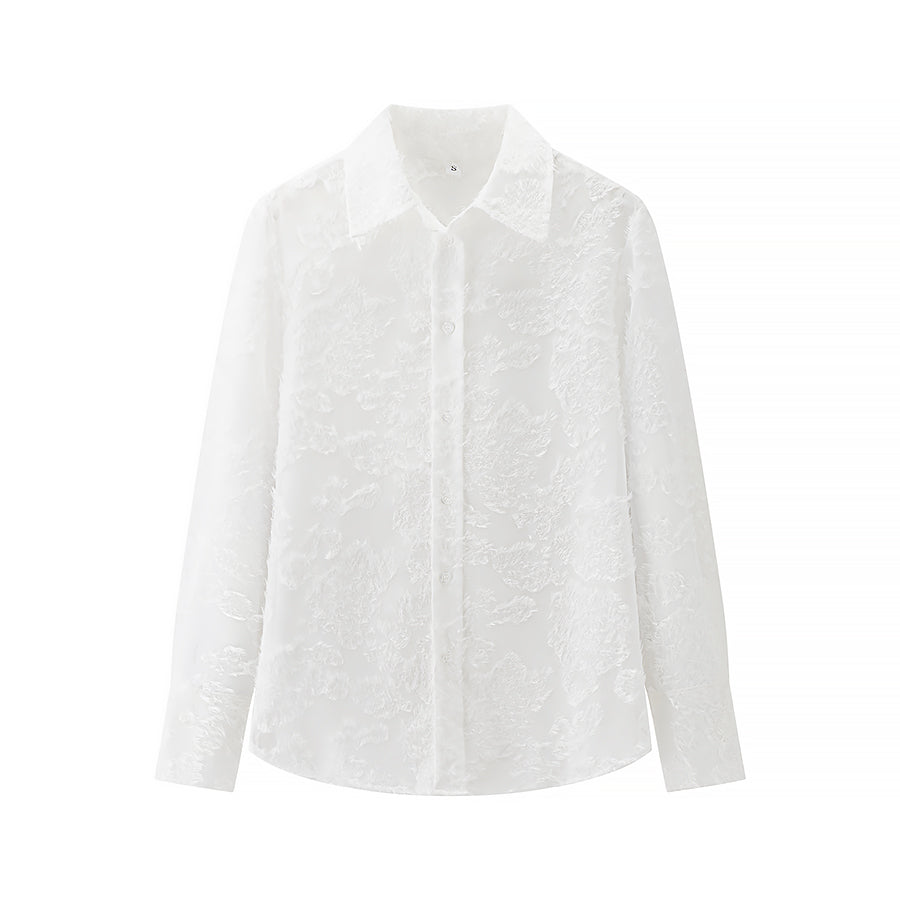Spring Summer Women Casual Loose Simple Single Breasted Jacquard Long Sleeved Shirt