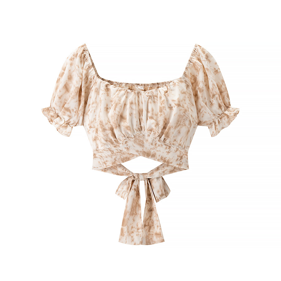 Women Wear All Match Lace up Design Short Sleeve Tube Top Printed Top