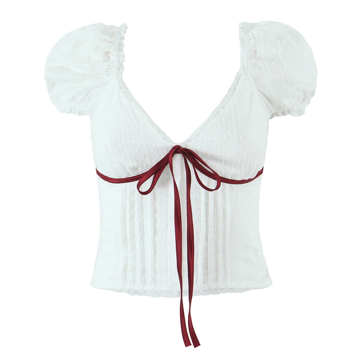 Pure Lace V neck Puff Sleeve Short Top Girls Contrast Color Bow Cinched Slimming Short Sleeves